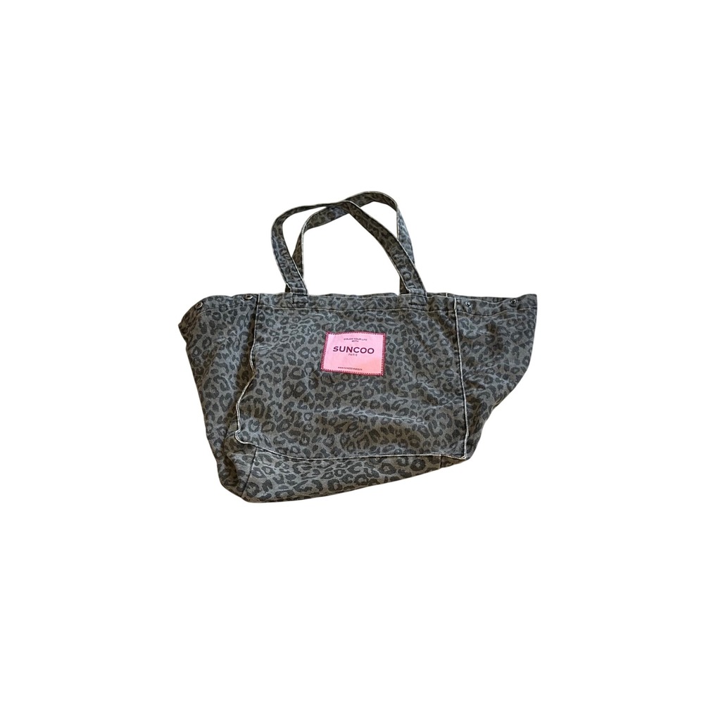 Suncoo Paris Grey Leopard Print Canvas Tote Bag Animal Print Rare HTF I09‎